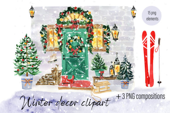 Christmas Door Decoration Scene Planner Illustrations