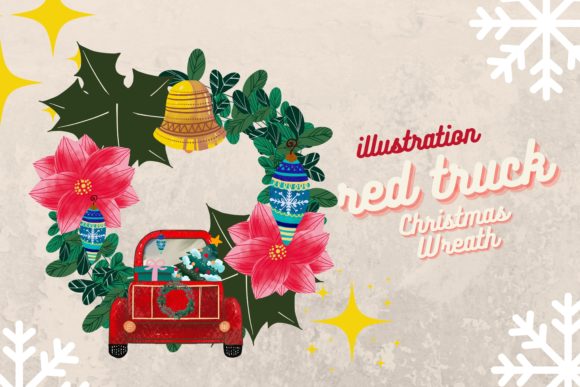 Cute Christmas Red Truck Holly Wreath Illustrations
