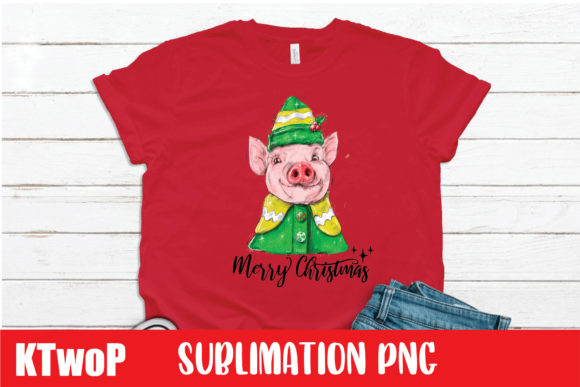 Merry Christmas Elf Pink Pig Sublimation Illustrations